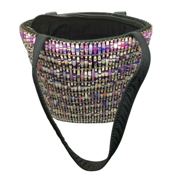 Unique Bucket Purple Multi Color Beaded Shoulder Bag Tote Purse 10"H & 11" W - Picture 5 of 6